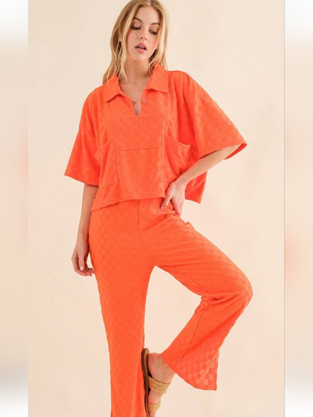 Andthewhy Textured Two-Piece Set in Vibrant Orange